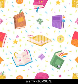 Book seamless pattern. Cartoon books open and closed, diary, notebooks, study. Decorative educational print template, nowaday vector background origin Stock Vector