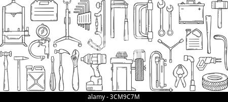 Doodle car service. Hand drawn auto service icons, mechanic equipment canisters tires drill battery sketch design. Repair neoteric vector set original Stock Vector