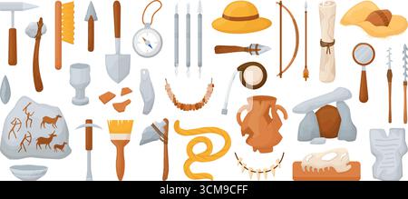 Cartoon archeological tools. Stone ages historic findings, archeologist working equipment. Brushes, measuring tape, magnifying glass, neoteric vector Stock Vector