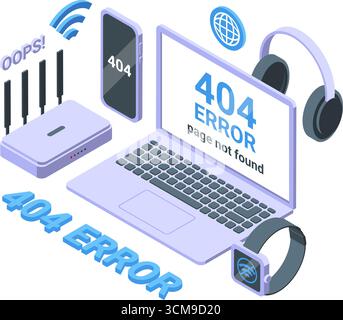 404 lost page. Wifi internet broken isometric concept. Technology network error, laptop smartphone smart watch dont working, nifty vector scene origin Stock Vector