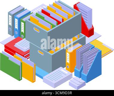 Isometric office folders. Big plastic boxes with work documents. Bright paper folder for papers, sheets. Corporate docs, archive files, nifty vector s Stock Vector