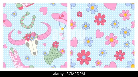 Cowgirl seamless pattern set. Cowboy western theme, cow scull, cactus, cowboy hat, boots and daisy flowers in Pink girly style. Hand-drawn cartoon print on a checkered blue background. Vector illustration. Stock Vector
