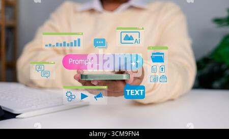 Businessman holding smartphone with AI prompt engineering concept, digital technology icons, chat, analytics, cloud storage, and automation interface Stock Photo