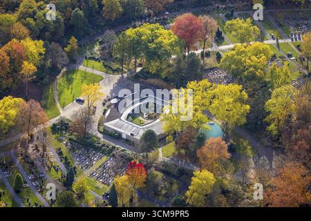 Aerial view, park cemetery and mourning hall in the Fuhlenbrock district of Bottrop, Ruhr area, North Rhine-Westphalia, Germany, burial site, Bottrop Stock Photo