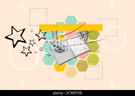 Collage of a woman writing on a notebook on a colorful honeycomb-shaped background with black stars Stock Photo