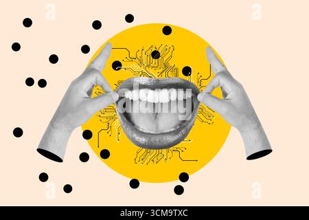 Collage of two hands opening a woman mouth on a yellow circle with connections and on a beige background with black circles Stock Photo