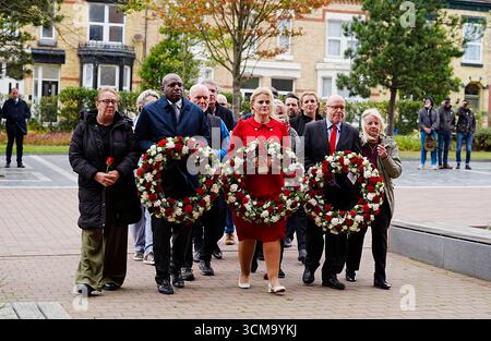 EMBARGOED TO 2230 MONDAY SEPTEMBER 15 (holding wreaths, left to right) Deputy Prime Minister David Lammy, Justice minister Alex Davies-Jones and Attorney General Lord Richard Hermer lay wreaths, with Hillsborough campaigner Margaret Aspinall (right) and Hillsborough families, at the Hillsborough memorial at Anfield, Liverpool, ahead of the Labour government introducing legislation on the Hillsborough Law, which will include a legal "duty of candour", where public servants could face jail if they are found not to have told the truth during investigations or inquiries. Picture date: Monday Septe Stock Photo