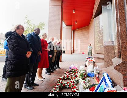 EMBARGOED TO 2230 MONDAY SEPTEMBER 15 (2nd left to right) Deputy Prime Minister David Lammy, Justice minister Alex Davies-Jones and Attorney General Lord Richard Hermer lay wreaths at the Hillsborough memorial at Anfield, Liverpool, ahead of the Labour government introducing legislation on the Hillsborough Law, which will include a legal "duty of candour", where public servants could face jail if they are found not to have told the truth during investigations or inquiries. Picture date: Monday September 15, 2025. Stock Photo