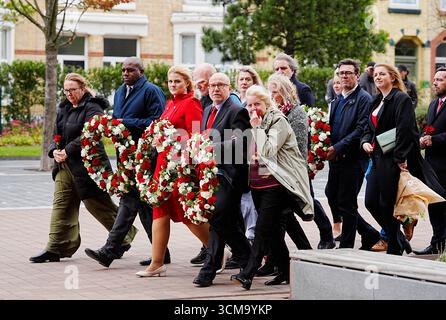 EMBARGOED TO 2230 MONDAY SEPTEMBER 15 (holding wreaths, left to right) Deputy Prime Minister David Lammy, Justice minister Alex Davies-Jones and Attorney General Lord Richard Hermer lay wreaths, with Hillsborough campaigner Margaret Aspinall (centre right) and Hillsborough families, at the Hillsborough memorial at Anfield, Liverpool, ahead of the Labour government introducing legislation on the Hillsborough Law, which will include a legal "duty of candour", where public servants could face jail if they are found not to have told the truth during investigations or inquiries. Picture date: Monda Stock Photo