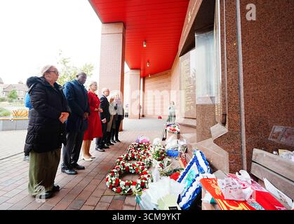 EMBARGOED TO 2230 MONDAY SEPTEMBER 15 (2nd left to right) Deputy Prime Minister David Lammy, Justice minister Alex Davies-Jones and Attorney General Lord Richard Hermer lay wreaths at the Hillsborough memorial at Anfield, Liverpool, ahead of the Labour government introducing legislation on the Hillsborough Law, which will include a legal "duty of candour", where public servants could face jail if they are found not to have told the truth during investigations or inquiries. Picture date: Monday September 15, 2025. Stock Photo