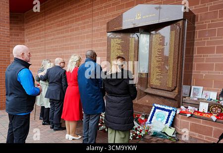 EMBARGOED TO 2230 MONDAY SEPTEMBER 15 (2nd right to left) Deputy Prime Minister David Lammy, Justice minister Alex Davies-Jones and Attorney General Lord Richard Hermer lay wreaths at the Hillsborough memorial at Anfield, Liverpool, ahead of the Labour government introducing legislation on the Hillsborough Law, which will include a legal "duty of candour", where public servants could face jail if they are found not to have told the truth during investigations or inquiries. Picture date: Monday September 15, 2025. Stock Photo