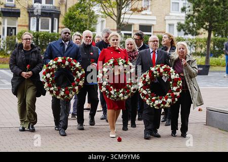EMBARGOED TO 2230 MONDAY SEPTEMBER 15 (holding wreaths, left to right) Deputy Prime Minister David Lammy, Justice minister Alex Davies-Jones and Attorney General Lord Richard Hermer lay wreaths, with Hillsborough campaigner Margaret Aspinall (right) and Hillsborough families, at the Hillsborough memorial at Anfield, Liverpool, ahead of the Labour government introducing legislation on the Hillsborough Law, which will include a legal "duty of candour", where public servants could face jail if they are found not to have told the truth during investigations or inquiries. Picture date: Monday Septe Stock Photo