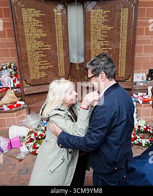 EMBARGOED TO 2230 MONDAY SEPTEMBER 15 Andy Burnham with Hillsborough campaigner Margaret Aspinall at the Hillsborough memorial at Anfield, Liverpool, ahead of the Labour government introducing legislation on the Hillsborough Law, which will include a legal "duty of candour", where public servants could face jail if they are found not to have told the truth during investigations or inquiries. Picture date: Monday September 15, 2025. Stock Photo