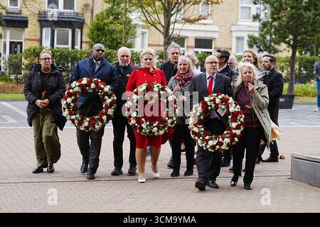 EMBARGOED TO 2230 MONDAY SEPTEMBER 15 (holding wreaths, left to right) Deputy Prime Minister David Lammy, Justice minister Alex Davies-Jones and Attorney General Lord Richard Hermer lay wreaths, with Hillsborough campaigner Margaret Aspinall (right) and Hillsborough families, at the Hillsborough memorial at Anfield, Liverpool, ahead of the Labour government introducing legislation on the Hillsborough Law, which will include a legal "duty of candour", where public servants could face jail if they are found not to have told the truth during investigations or inquiries. Picture date: Monday Septe Stock Photo