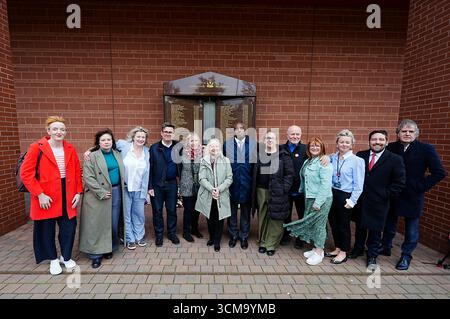 EMBARGOED TO 2230 MONDAY SEPTEMBER 15 Deputy Prime Minister David Lammy (centre right), Hillsborough campaigner Margaret Aspinall (centre), Steve Rotheram Metro Mayor of the Liverpool City Region (right), Andy Burnham (4th left) and Hillsborough families at the Hillsborough memorial at Anfield, Liverpool, ahead of the Labour government introducing legislation on the Hillsborough Law, which will include a legal "duty of candour", where public servants could face jail if they are found not to have told the truth during investigations or inquiries. Picture date: Monday September 15, 2025. Stock Photo
