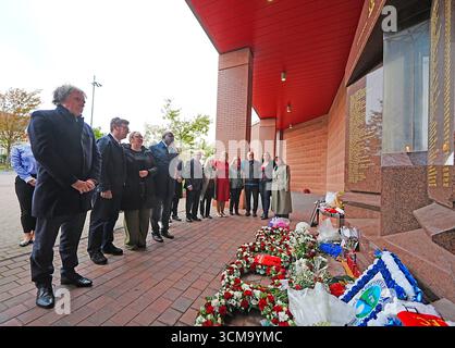 EMBARGOED TO 2230 MONDAY SEPTEMBER 15 Wreaths are laid at the Hillsborough memorial at Anfield, Liverpool, ahead of the Labour government introducing legislation on the Hillsborough Law, which will include a legal "duty of candour", where public servants could face jail if they are found not to have told the truth during investigations or inquiries. Picture date: Monday September 15, 2025. Stock Photo