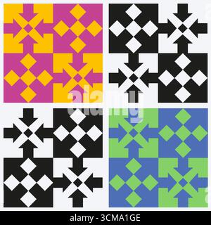 Set of 4 Mosaic Illustrations Visual Puzzle, Optical Illusion IQ Test, Interlocking Arrows, Two-Color Vector Design Stock Vector