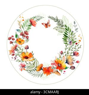 Floral wreath with spring summer yellow watercolor flowers branches and leaves. Decorative floral round frame. Can be used for save the date cards and Stock Vector