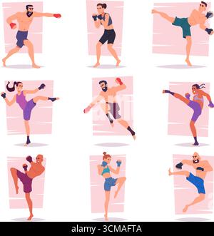 Fighters. Mma characters fight in different poses exact vector mixed martial arts persons original artwork Stock Vector