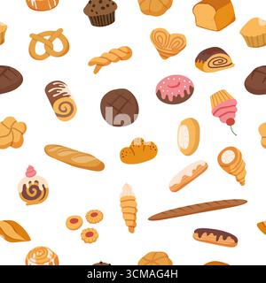 Bakery pattern. background shape with tasty bread and patisserie products. vector seamless template original artwork Stock Vector