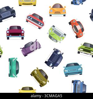 Cars front view. template pattern with different colored cars. vector seamless background original artwork Stock Vector