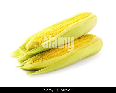 Three tasty boiled corncobs isolated on white Stock Photo