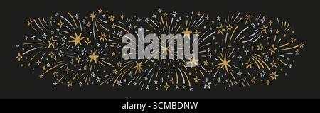 Merry Christmas and Happy New Year, Birthday, carnival celebration festive golden and silver firework background. Night, holiday eve sky. Hand drawn Stock Vector