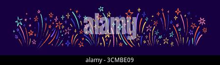 Cute childish kids crayon handwriting firework background. Diwali, child birthday, New Year, carnival celebration poster. Colorful festive firecracker Stock Vector