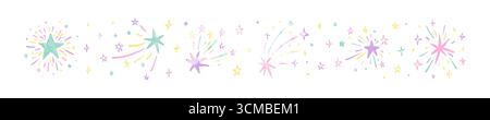 Set of cute hand drawn crayon doodle childish shooting stars, firework, bling, twinkle, glint. Pastel colored kids pencil chalk textured drawings. Spa Stock Vector