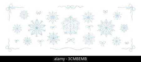 Set of Merry Christmas and Happy New Year design element drawing in coquette style. Cute hand drawn blue silver snowflakes, bow ribbon frames and divi Stock Vector