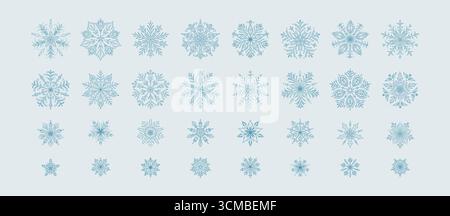 Big collection of different hand drawn doodle whimsical blue filigree snow flakes. Winter frozen ice crystals in victorian style. Sketch snowflakes se Stock Vector
