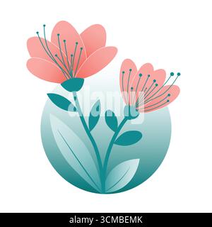 Elegant Floral Design: Two Pink Flowers on Teal Circle Background, Perfect for Invitations or Branding Stock Vector
