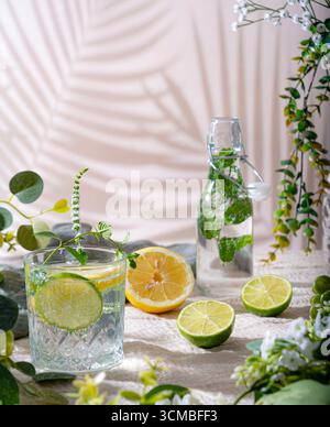 A refreshing drink garnished with lime and mint in a glass, surrounded by sliced lemon and lime on a textured tablecloth, amidst lush greenery and sof Stock Photo