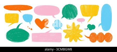Crayon speech bubble vector collection in orange, pink, green, yellow, and blue on white background. Hand drawn text frame shapes. Great for playful Stock Vector