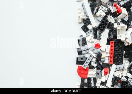 Wall from Plastic building blocks isolated on white background. Top view with copy space Stock Photo