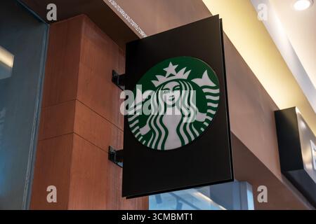 Sepang, Selangor, Malaysia - Sept 06, 2025: Starbucks logo at Mitsui Outlet Park KLIA Sepang. Starbucks Corporation is an American multinational chain Stock Photo