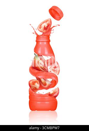 Tomato slices with a bottle made from red splashes. Conceptual image isolated on white background Stock Photo
