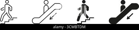 Walking And Escalator Direction Icon Set. Pedestrian Movement And Escalator Usage Outline And Silhouette Symbol Collection. Public Transport And Stock Vector