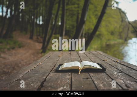 Open Bible on a wooden board near the river. Stock Photo