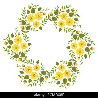 Frame with yellow flowers and green leaves. Delicate spring bouquet. Floral circular ornament. Plant composition. Summer mandala. Design of flower gar Stock Vector