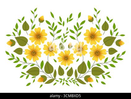 Design element of yellow flowers and green leaves. Delicate spring bouquet. Floral linear ornament. Plant composition. Summer design of flower garland Stock Vector