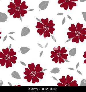 Seamless pattern with flowers and leaves. Traditional floral design in contrasty colors. Flower with six petals. Red flowers on black background. Vect Stock Vector