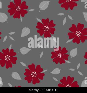 Seamless pattern with flowers and leaves. Traditional floral design in country style. Flower with six petals. Red flowers on gray background. Vector i Stock Vector