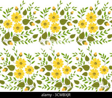 Border of yellow flowers and green leaves. Delicate spring bouquet seamless pattern. Floral linear ornament. Plant composition. Summer design of flowe Stock Vector