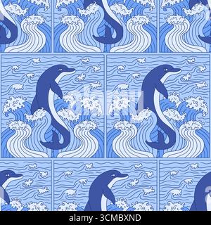 Dolphin jumping from sea waves monochrome blue seamless pattern vector illustration Stock Vector