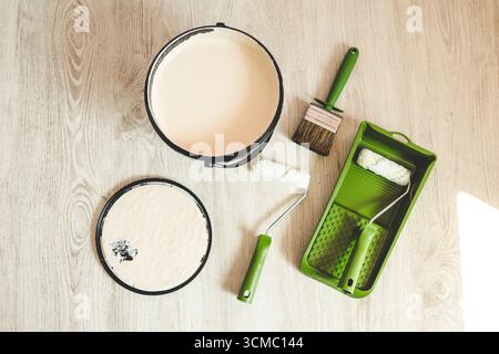Wall painting and repair tools flat lay top view. Stock Photo