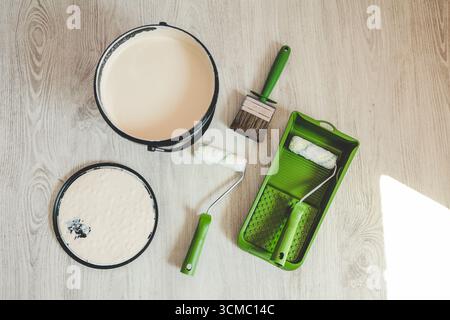 Wall painting and repair tools flat lay top view. Stock Photo