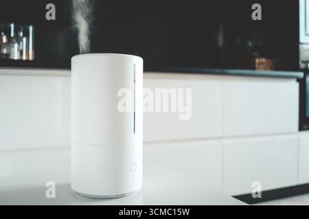 Aroma oil diffuser on the table at home, steam from the air humidifier. Stock Photo