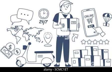 Doodle delivery concept. Post worker man in uniform with parcel. Worldwide delivery of goods and purchases, five stars service, recent vector scene or Stock Vector