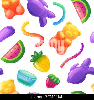 Jelly candies seamless pattern. Sweet gummies, juicy gummy bear pineapple fish worm. Delicious children dessert, bright print nowaday vector backgroun Stock Vector